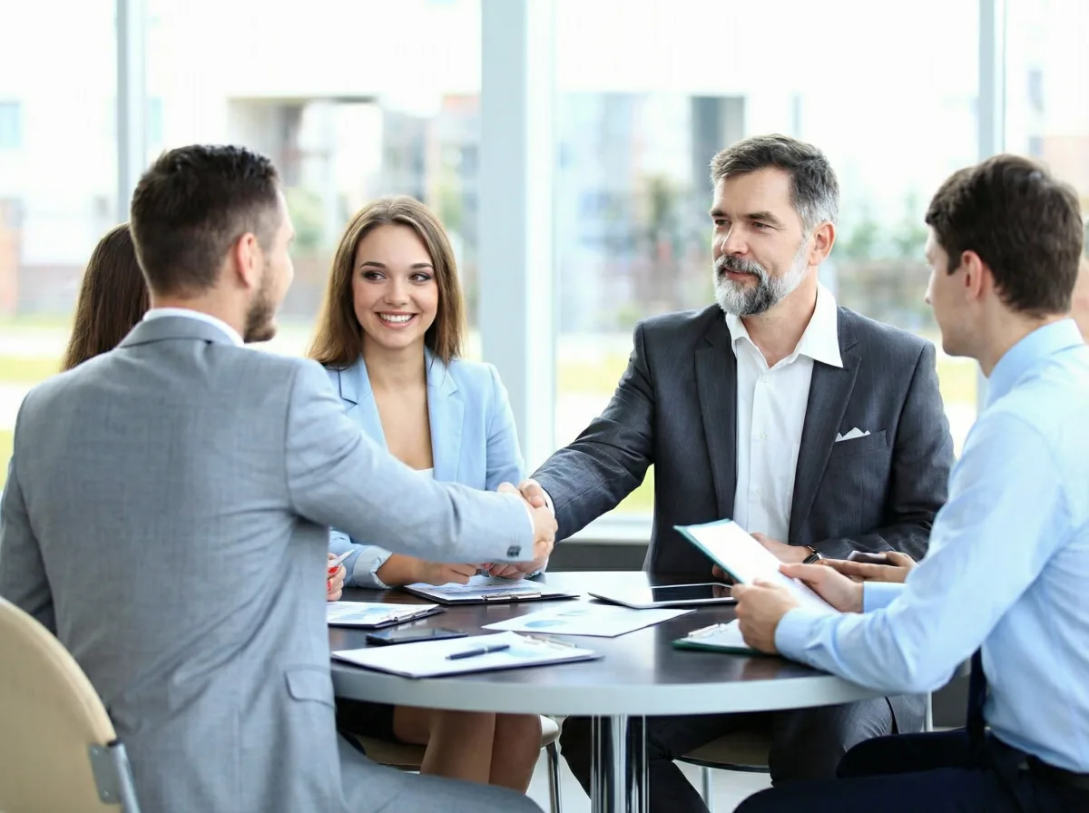 Reunião corporativa entre empresa e equipe técnica jurídica