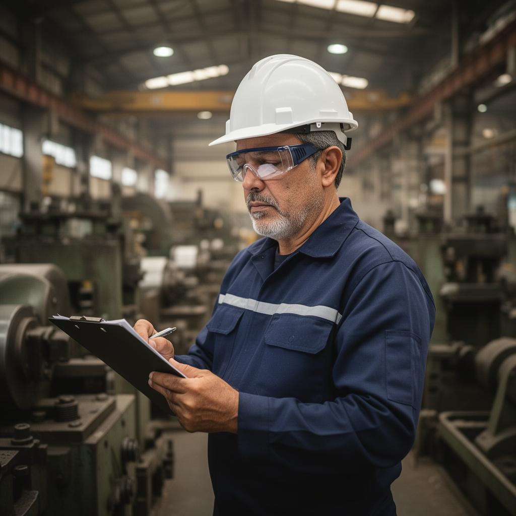 Engenheiro de segurança realizando perícia técnica em ambiente industrial